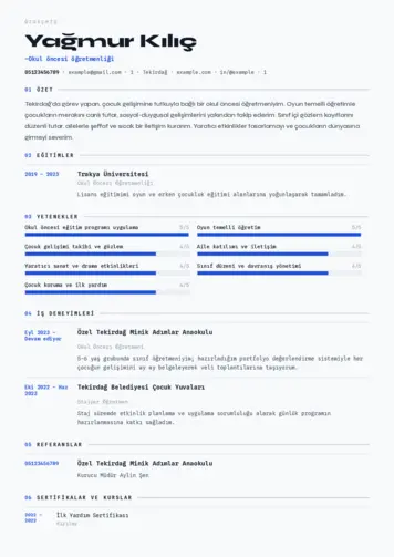Okul Öncesi Öğretmeni Öğretmenliği Cv Örnekleri cv indir